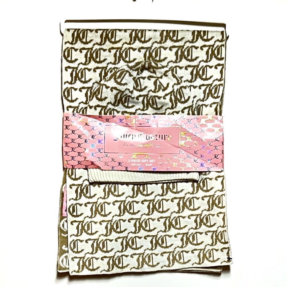 NWT Juicy Couture JC Monogram Logo 2PC Knit Hat & Scarf Set
